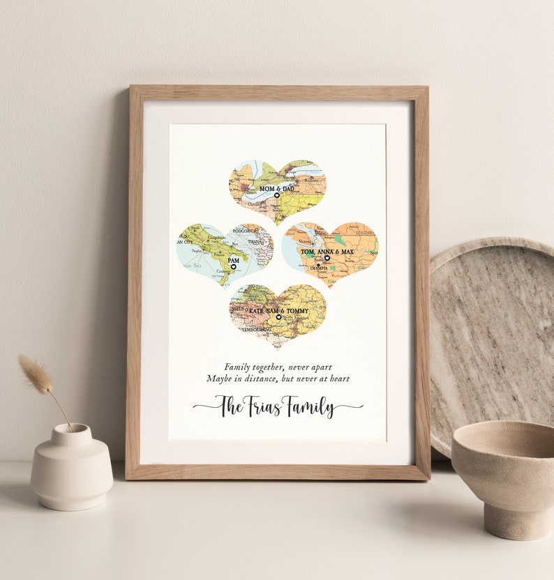 Family Map Print, names family gift Christmas,Christmas gift big family,Family map born,Map 4 places family, christmas gift for mom and dad, image 2