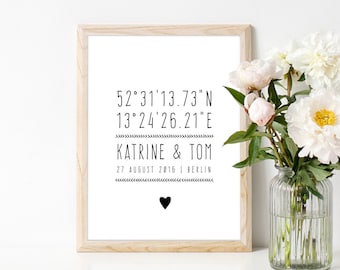Póster de coordenadas de boda personalizado, nombres y fecha personalizados