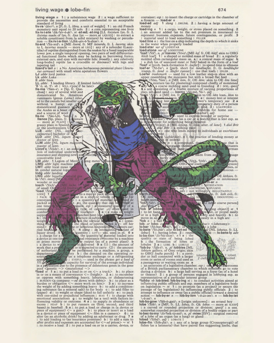 Marvel Comics Lizard on Dictionary Page Print - Etsy