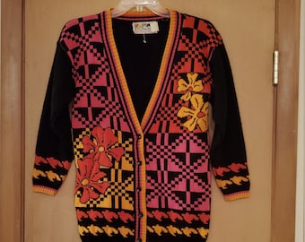 80s/90s Abstract Geometric Floral Cardigan/Geometric Cardigan/Floral Cardigan/Abstract Cardigan