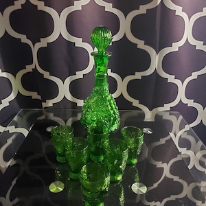 8pc. Empoli Style Green Glass Decanter Set/Green Glass Decanter Set/Grape Pear Apple Glassware
