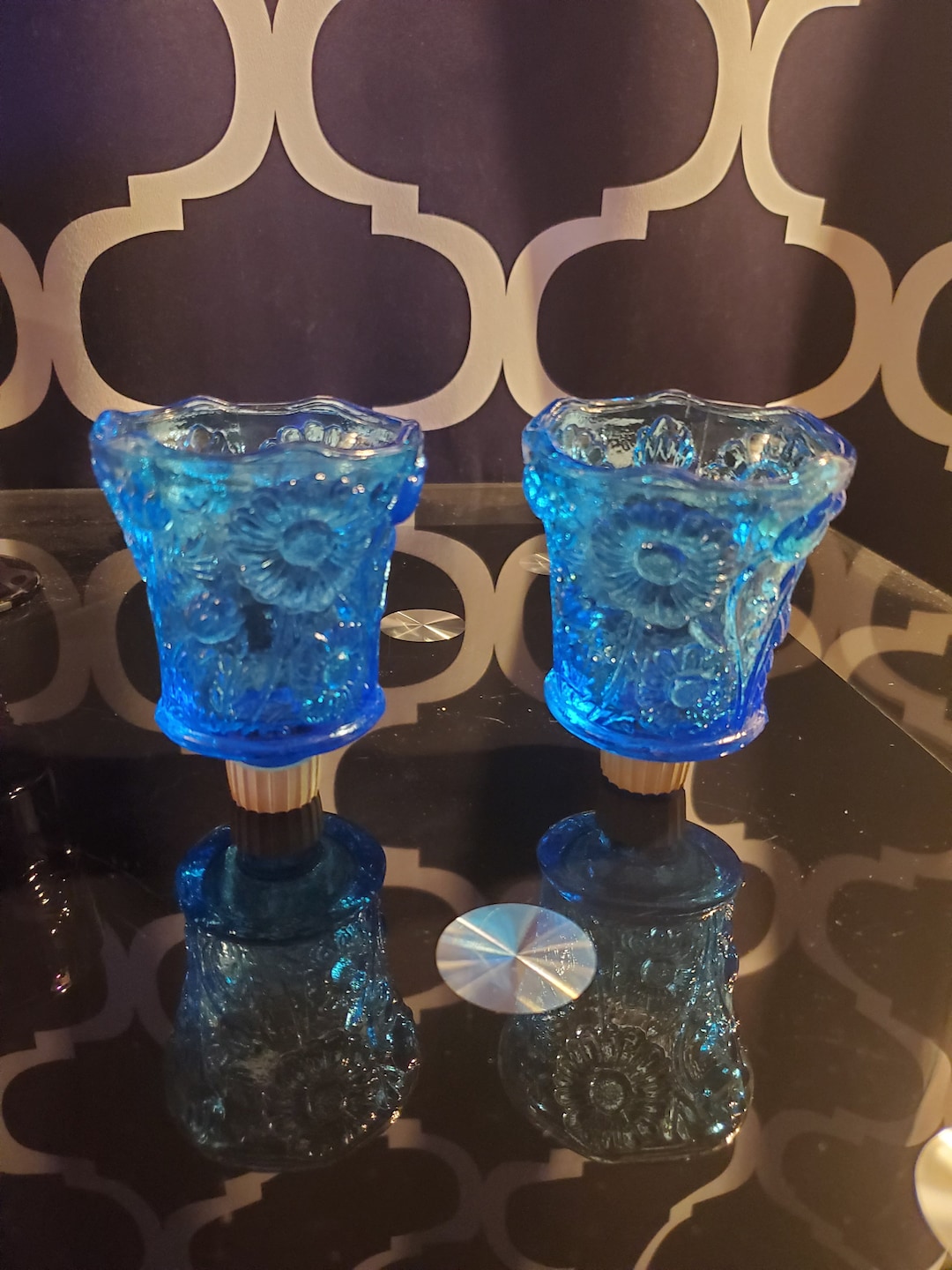 Ornate Blue Glass Floral Wall Sconce Candle Holders/floral Glass Candle Holder/blue Glass Candle