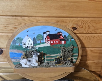 Estante de pared de madera pintado a mano con animales de granja/estante de cocina campestre