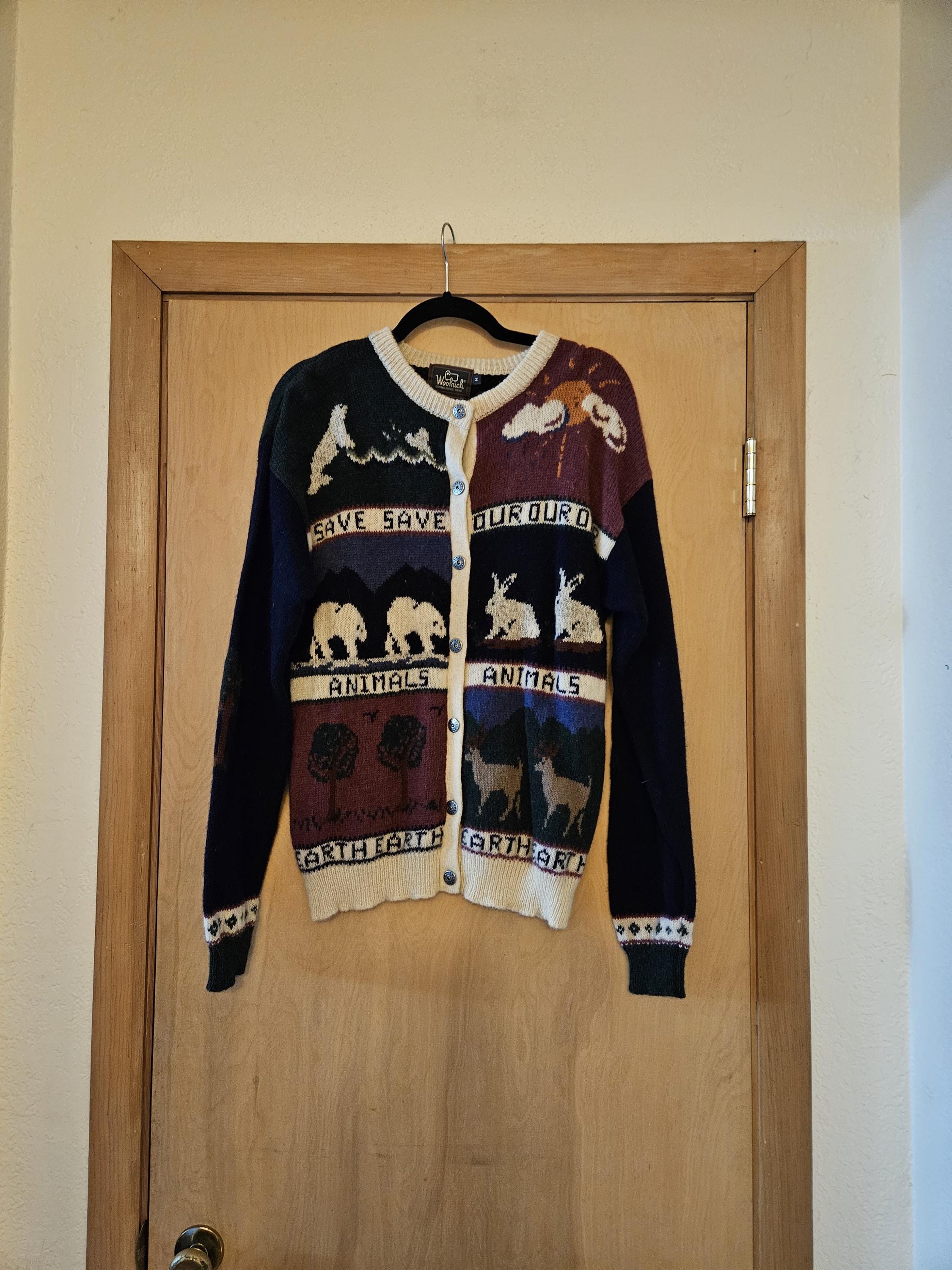 Vintage Woolrich Save Our Animals Earth Wool Cardigan Sweater