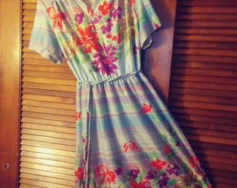 70s Hawaiian Flower Pattern Geometric Dress by Ms.Claire New York/ Sheer Dress/Ms.Claire/ Geometric Dress/Floral Dress
