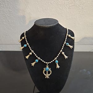 Squash Blossom Necklace Faux Turquoise Silver Tone Metal