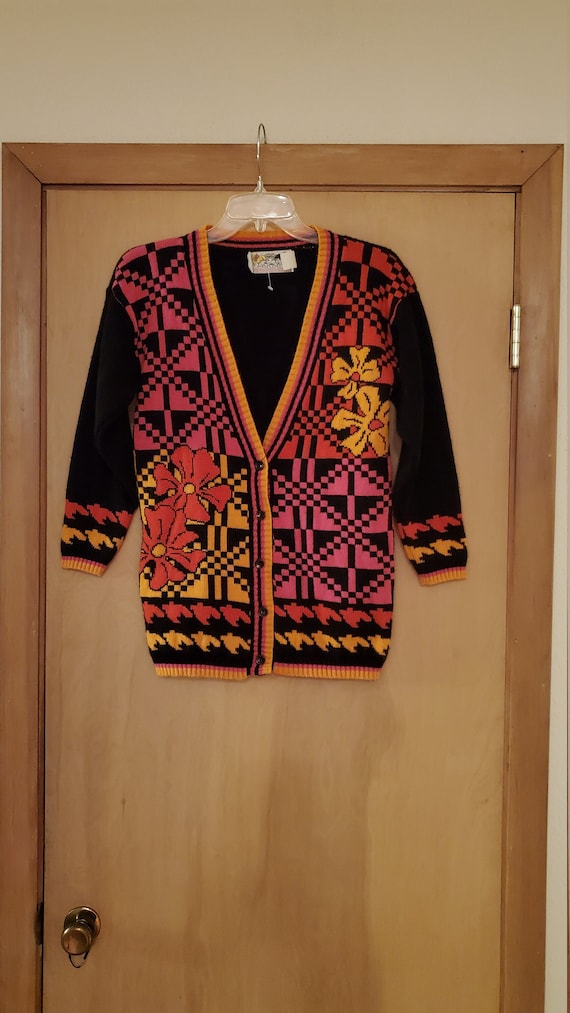80s/90s Abstract Geometric Floral Cardigan/Geometric Cardigan/Floral Cardigan/Abstract Cardigan
