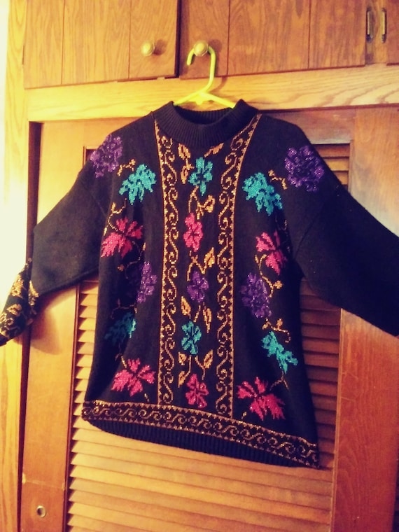 90s Flower Pattern Lurex Tunic Holiday Sweater by… - image 1