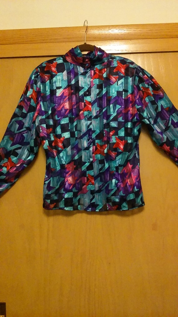 80s/90s Vintage Sheer Geometric Blouse by Tess/Tes