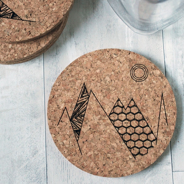 Cork Coasters - Scandi - Modern Cork - Geometric - Mountain Design - Engraved Coaster - Wedding Gift -Set of Four