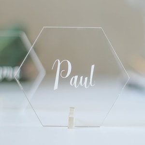 Personalised Place Setting Clear Acrylic Hexagon Wedding Styling Table Decor Seating Plan Partyware Geometric Place Names image 1