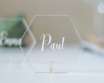 Personalised Place Setting - Clear Acrylic - Hexagon - Wedding Styling - Table Decor - Seating Plan - Partyware - Geometric - Place Names