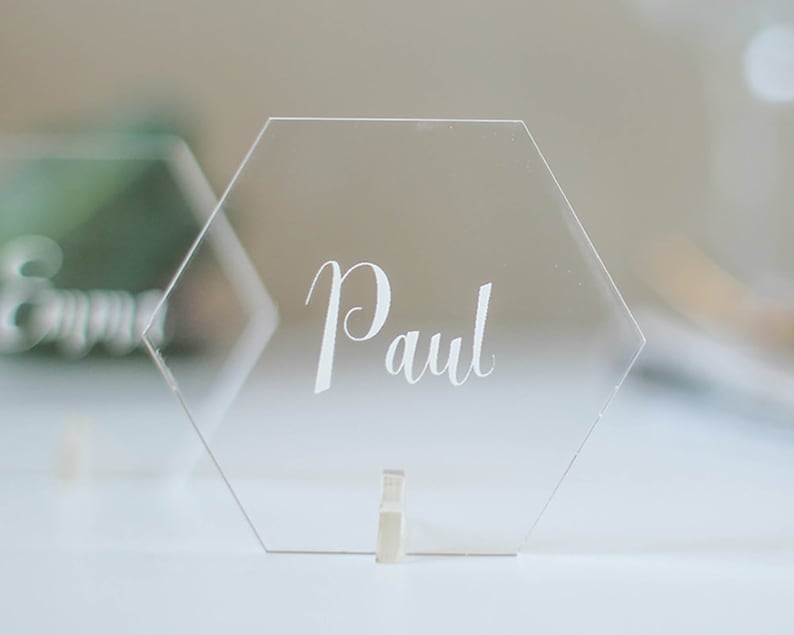 Personalised Place Setting Clear Acrylic Hexagon Wedding Styling Table Decor Seating Plan Partyware Geometric Place Names image 1