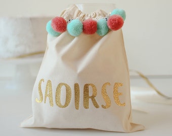 Personalised Pompom Party Bag - Pom Pom - Cotton - Favours - Favors - Hen Party - Drawstring - Named Bag - Coral and Teal