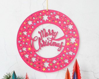 Christmas Wreath - Merry and Bright Christmas Wreath - Pink Christmas Wreath - Blue Christmas Wreath - Christmas Wreath - Wooden Wreath