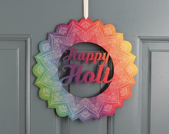 Happy Holi Wreath In Wood - Wood Decoration - Colourful Decoration - Festival of Colours - Bright colourful gift