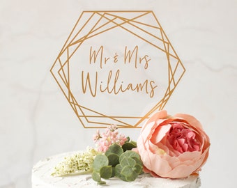 Gold Hexagon Cake Topper - Personalised Cake Topper - Gold Wedding Cake Topper - Cake Decoration - Geometric Wedding - Rustic Wedding