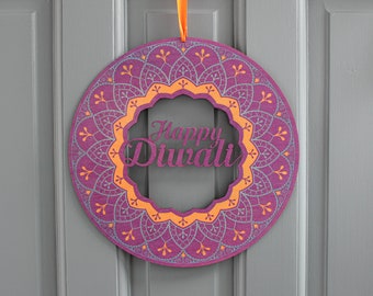 Happy Diwali Wreath In Wood - Wooden Decoration - Colourful Decoration - Diwali Colourful Sign