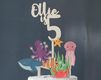 Personalised Cake Topper, Sea Creatures - Birthday Cake Toppers - Wooden Cake Topper - Personalised Cake Topper - Add a Name - Add an Age