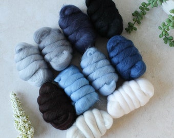 Merino Wool Tops - Blue - Pack of Ten - 250gr - 100% Merino Wool for Needlefelting - Wet Felting - Weaving - Arm Knitting - Spinning