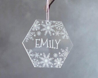 Snowflake Tree Decoration, Personalised Hexagon - Christmas Decor - Festive - White Geometric - Name - Stocking Filler - Hanging Ornament