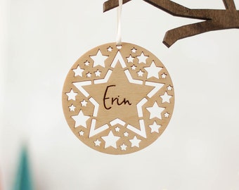 Christmas Tree Decoration, Star Cutouts - Wooden Xmas Decor - Personalised Christmas Gift - Name Decoration - Festive Hanging Decoration