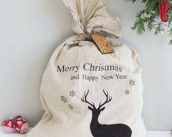 Personalised Reindeer Christmas Sack - Personalised Linen Sack - Sack - Christmas Sack - Reindeer Sack - Christmas Luggage Tag - Luggage Tag