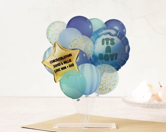 Personalised New Baby Boy Balloon Card - New Baby Card - Balloon Bouquet - Keepsake Card - Baby Shower Gift - Unusual Card For New Baby