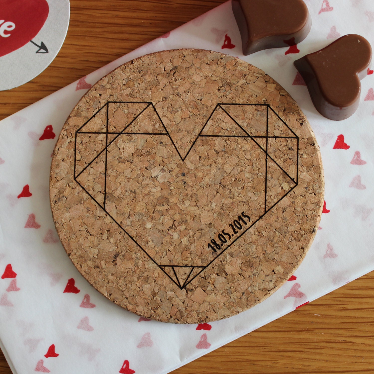 Personalised Cork Coaster - Modern Tableware Origami Heart Personalised Valentines Scandi Coaster