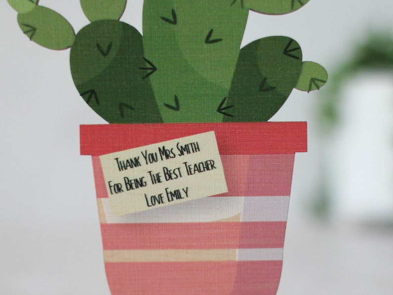 Personalised Card In Wood Keepsake Wooden Card Personalised Card Cactus Plant Planter Housewarming Card Best Teacher Birthday image 3