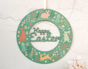 Happy Easter Wreath, Teal - Easter Wreath - Teal Easter Wreath - Blue Wreath - Wood Wreath - Wooden Wreath