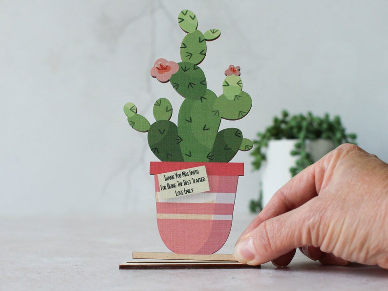 Personalised Card In Wood Keepsake Wooden Card Personalised Card Cactus Plant Planter Housewarming Card Best Teacher Birthday image 4