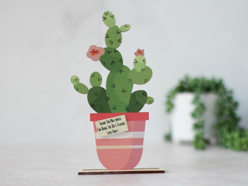 Personalised Card In Wood Keepsake Wooden Card Personalised Card Cactus Plant Planter Housewarming Card Best Teacher Birthday image 1