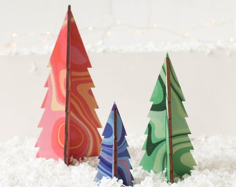 Ensemble de sapin de Noël, tourbillons de bijoux - Merry & Bright - Décoration de table de Noël - Arbre de Noël - Ensemble d’arbres - Arbres en bois - Arbres 3D