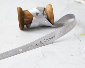 Personalised Ribbon - Name And Date - 15mm - Wedding gift ribbon - Heart design ribbon - Wedding date ribbon - Named ribbon - Present ribbon