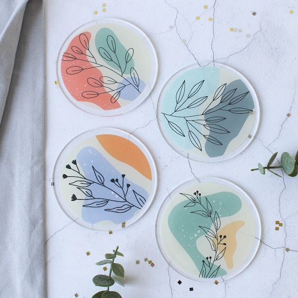 Coasters Set Of Four, Abstract Botanical, Danish Pastels, Round Coasters, Line Drawn, Contemporary Coaster, New Home Gift, Birthday Gift