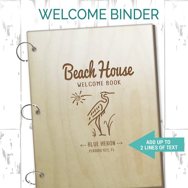 Blue Heron Welcome Book Binder, Beach House, Home Rental Book, Cabin Vacation Guest Book, VRBO AirBNB 9.5x11.5 Engraved Personalized