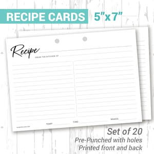 Cartes de recettes, 5 x 7, lot de 20, RECHARGE, design minimaliste, 2 trous de perforation, impression recto-verso, convient à notre classeur à 2 anneaux, cadeau pour maman