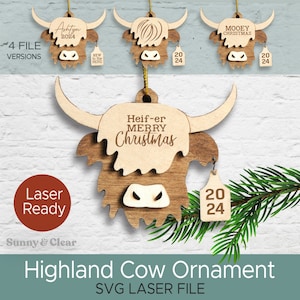 Schattige Highland Cow kerst SVG ornament Glowforge laserbestand, baby's eerste kerst vaars Merry Christmas Mooey Christmas nieuw voor de kudde