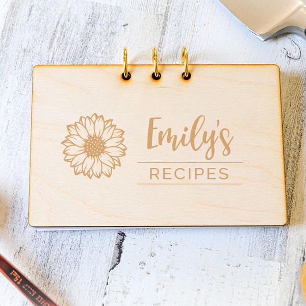 Sunflower Recipe Card Binder, Personalize Recipe Book, Custom, Compact, Modern, Shower Gift, Mom, 3 Ring Binder, 4 x 6 Laser Engraved