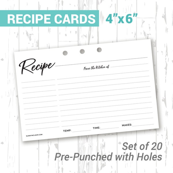 Recipe Card REFILL 4x6 Pack of 20, For Wood Recipe Binder, Fits Our 3 Ring Binder, Pre-Printed 3-Hole Punched, Gift for Mom