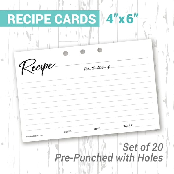 Recipe Card REFILL 4x6 Pack of 20, For Wood Recipe Binder, Fits Our 3 Ring Binder, Pre-Printed 3-Hole Punched, Gift for Mom