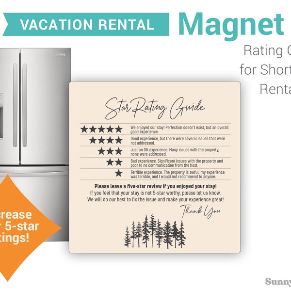 Airbnb Magnet Star Rating Review, 5” Fridge Magnet, Square, Trees, AirBNB Sign for Hosts, Suggestion Magnet, Vacation Rental, Review Guide