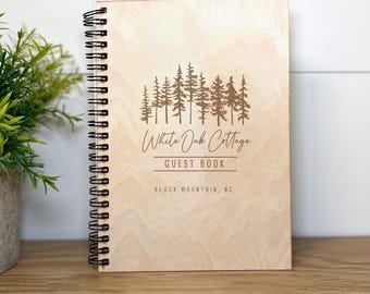 Cabin Guest Book — Pine Trees Design | Personalized Wood Airbnb Vacation Rental