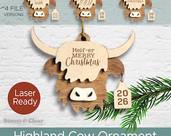 Highland Cow Christmas Ornament SVG File Layered Design Farmhouse Decor Digital Download Glowforge Ready Babys First New to the Herd