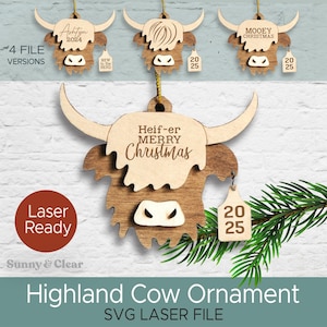 Cute Highland Cow Christmas SVG Ornament Glowforge Laser File, Baby&#39;s First Christmas Heifer Merry Christmas Mooey Christmas New to the Herd
