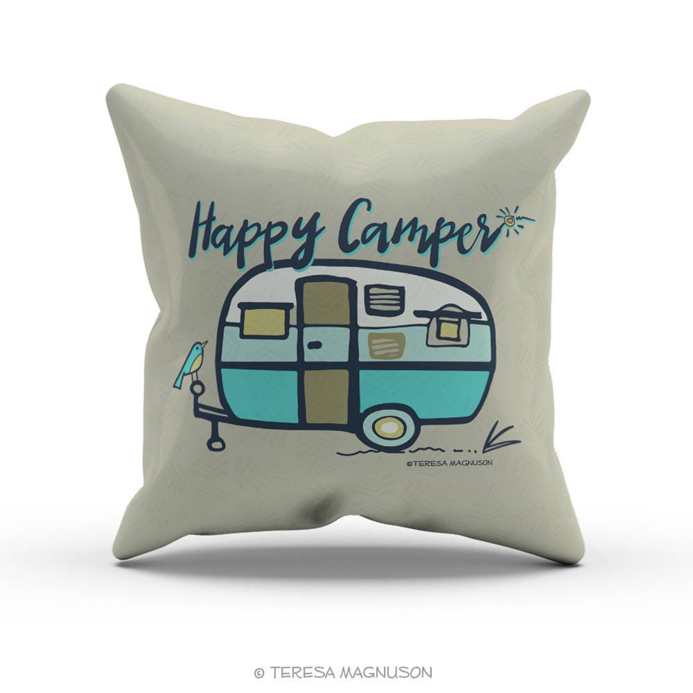 Turquoise Happy Camper Pillow Decorative Throw Pillow Indoor Etsy