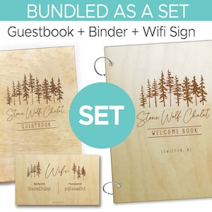 AirBNB Welcome Bundle, Trees Silhouette, Welcome Book Binder + Guest Book Set + Wifi Sign, Pines Mountains, Home Rental, Cabin Vacation VRBO