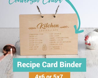 Engraved Wood Recipe Card Binder: Kitchen Conversion Chart, Bridal Shower Gift (4x6 or 5x7)
