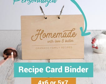 Personalized Recipe Card Binder: Engraved Wood, 2-Ring (5x7 or 4x6)